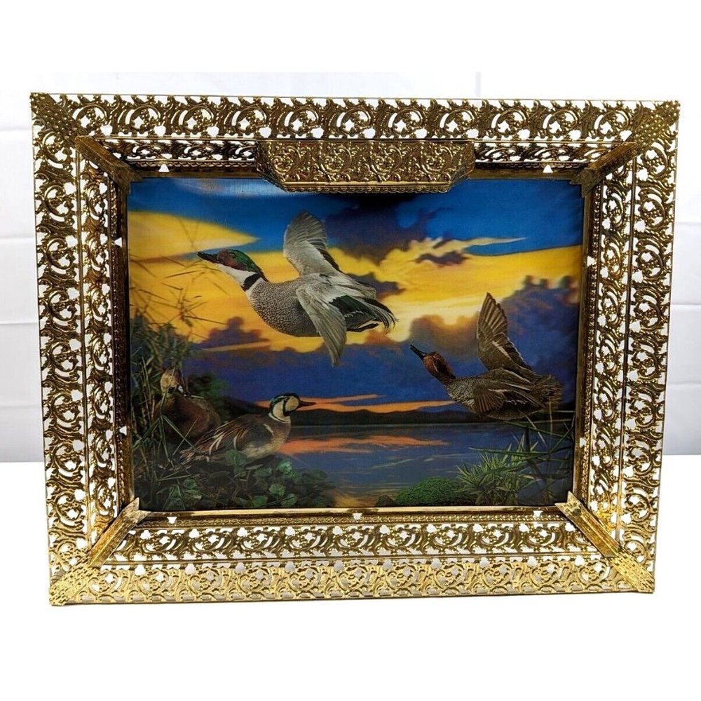 Vintage Lenticular 3D Ducks Hunting Sunset Emdurgraph Art 21" x 17" Hologram